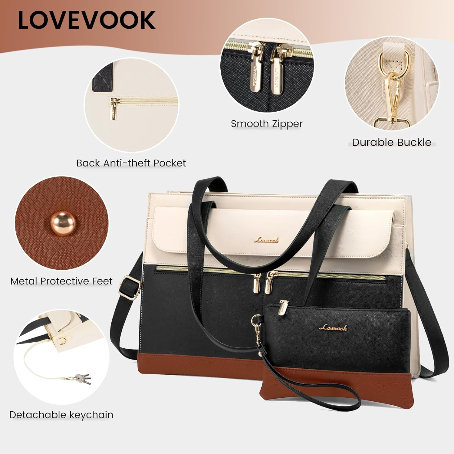 LOVEVOOK Laptop Bag for Women 15.6 Inch Tote Work Professional Leather Computer Briefcase Waterproof Handbag Shoulder Large Capacity Business Teacher Office Crossbody Purse image number 5