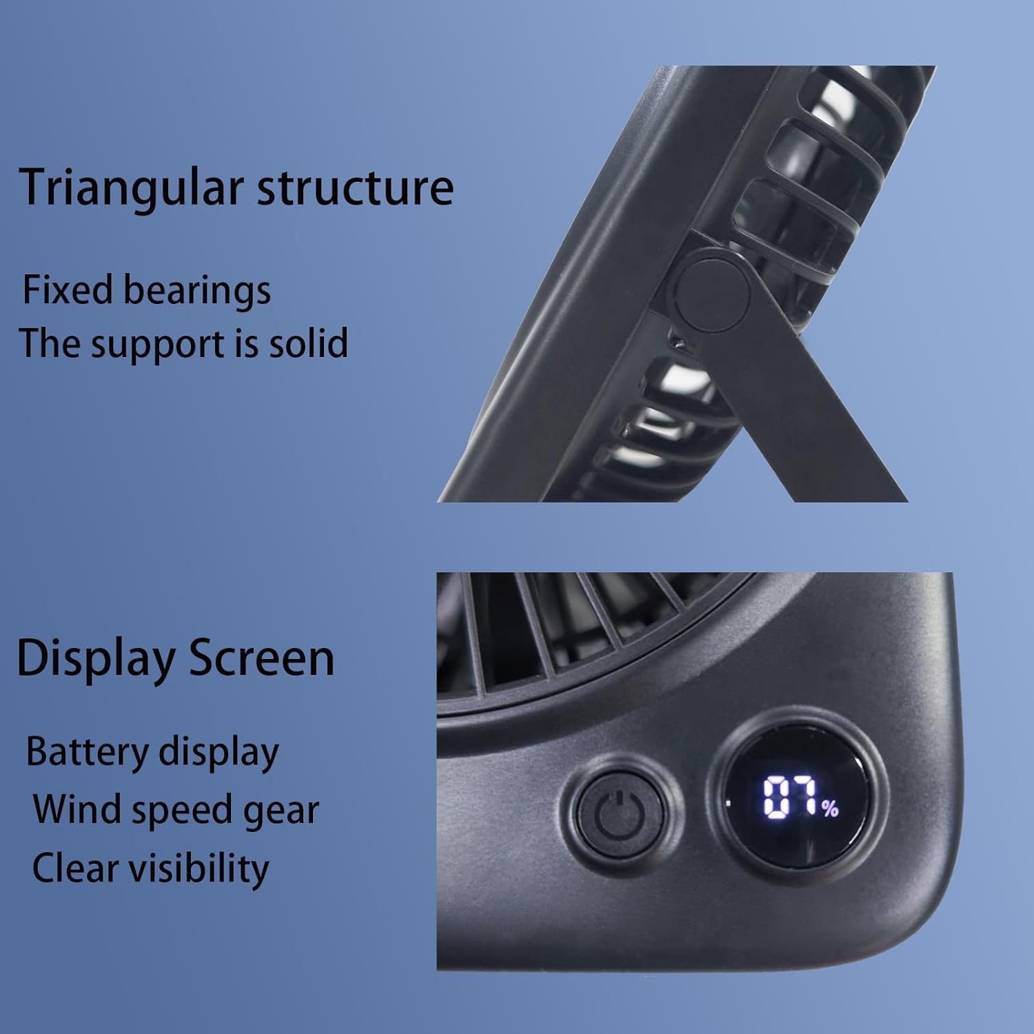 Portable Desk Fan with Digital Display - Quiet Desktop Fan 4-Speed Adjustable Airflow, 4000Mah Rechargeable USB Fans, Type-C Charging Port, Ideal for Home, Office, Travel and RV, Black image number 4