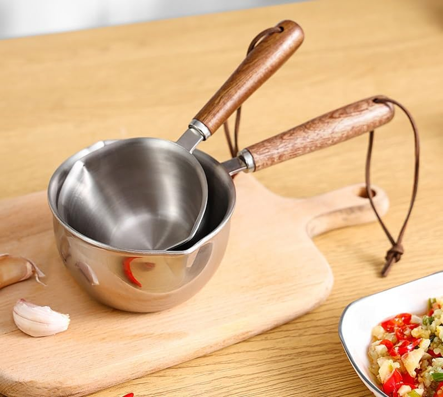 Mini Milk Warmer Pot,Butter Warmer Pot Coffee Pot Milk Pan Sauce Pan Stainless Steel Small Milk Saucepan with Wood Handle,Small Pots for Soup/Chocolate/Tea/Coffee Warming,1Pcs (Silvery, 120Ml) image number 4