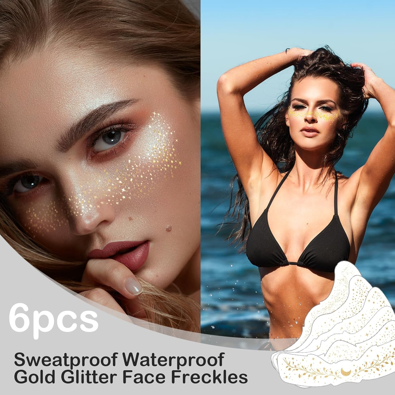 Yamobi Pack of 6 Glitter Freckles Tattoos, Water and Sweat-Resistant, Golden Self-Adhesive Glitter Stones for Face, Ideal for Parties and Events image number 1