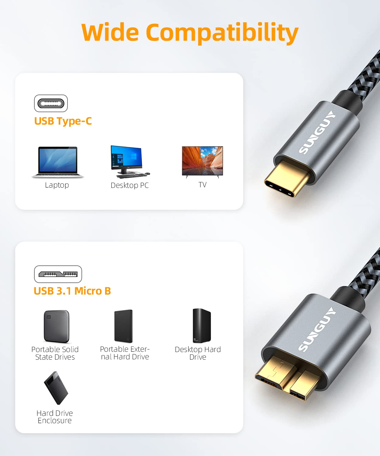 SUNGUY 10Gbps Micro B to USB C Hard Drive Cable 1.5M, USB 3.1 USB C to Micro B, High-Speed External Hard Drive USB C Cable for Iphone 16 15 Pro Max, Macbook Pro/Air, WD Toshiba Westgate Seagate image number 2