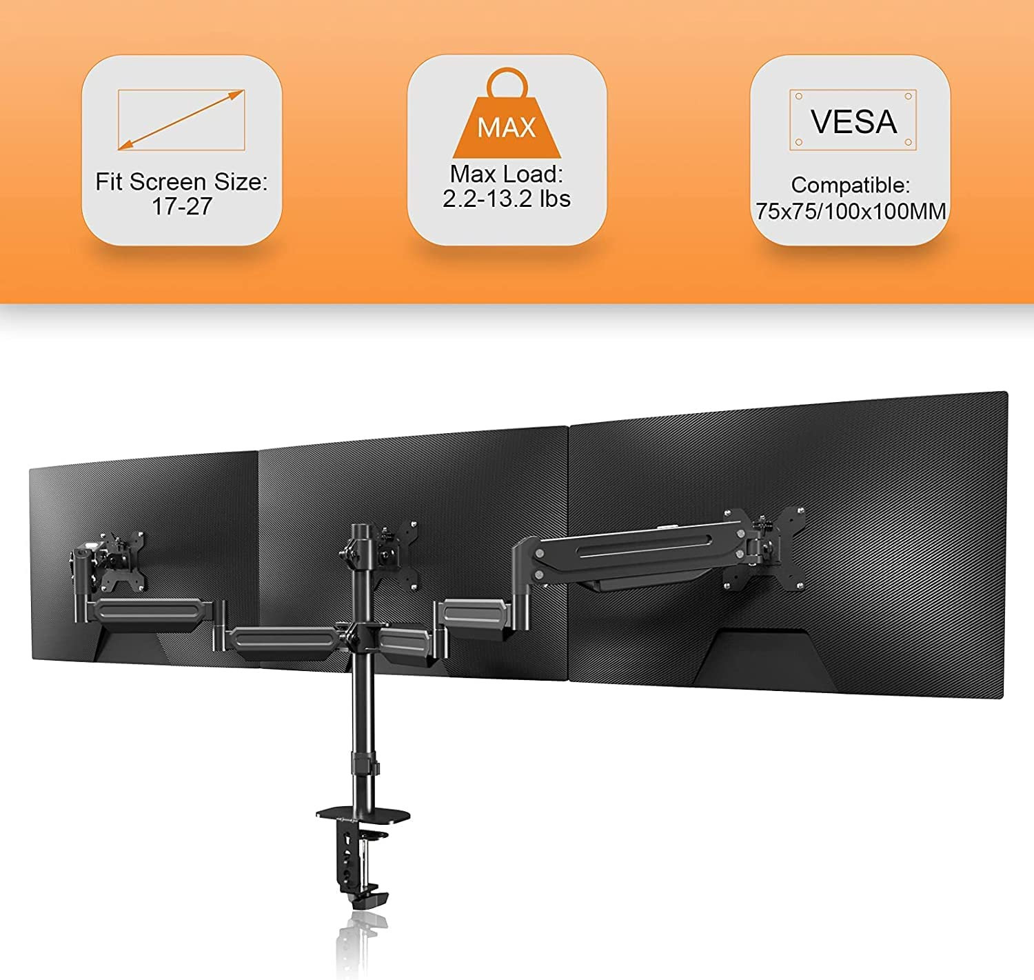 Triple Monitor Stand Mount-Gas Spring Stand with Clamp and Grommet Base, Fully Adjustable Desk Mount Fits Three 17-27 Inch LCD Computer Screens, Each Arm Holds up to 13.2Lbs,(Md8003) - Md8003 image number 2