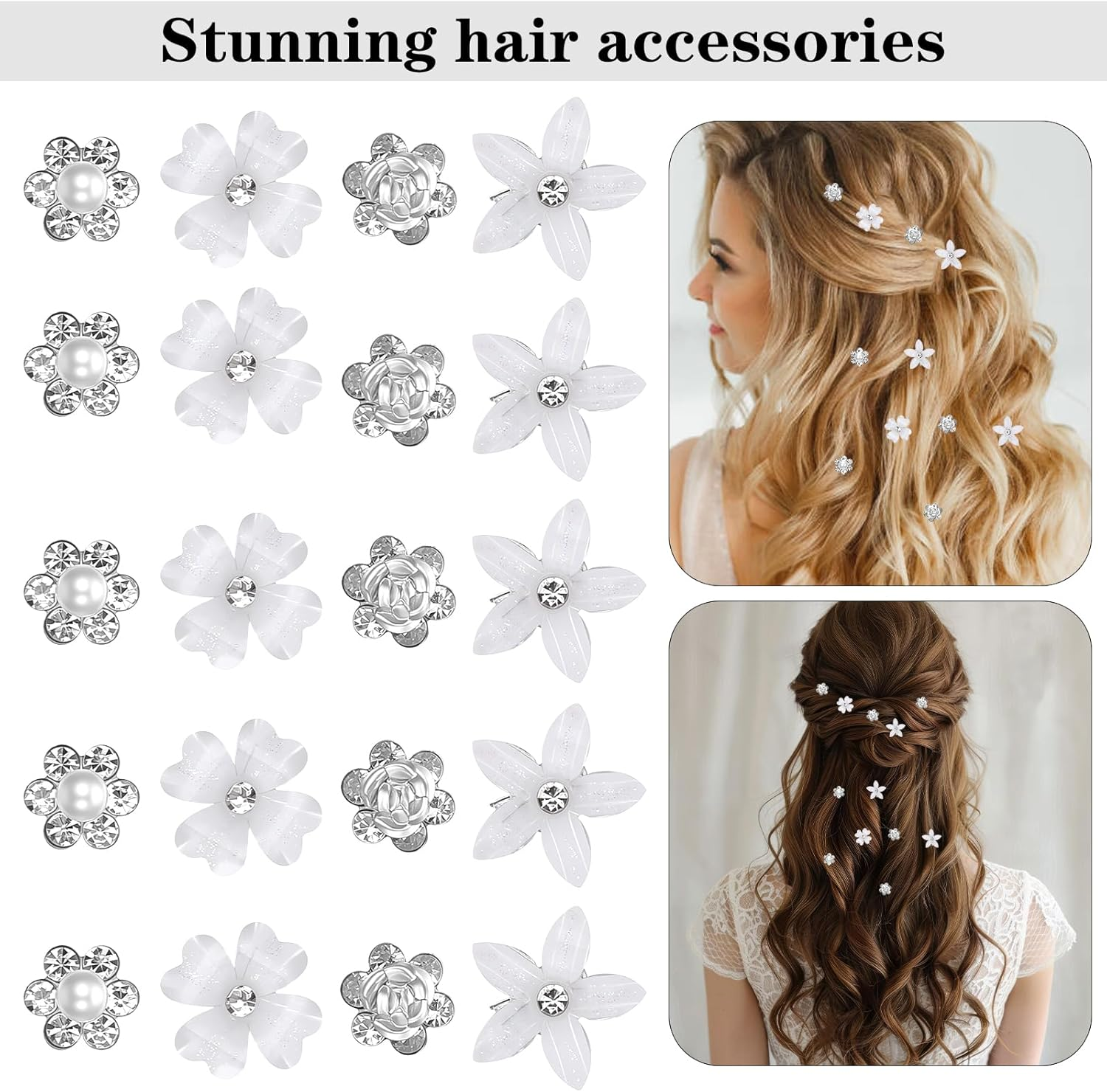 20Pcs Mini Rhinestone Hair Pins Small Mini Pearl Claw Clips with Flower Design Cute Small Decorative Wedding & Bridal Barrettes Crystal-Adorned and Sparkling Metal Side Clips for Girls & Women image number 6