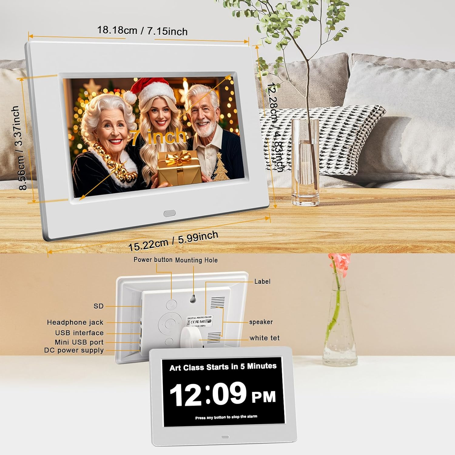 Dementia Clock for Seniors - 7" Large Clock for Seniors with Dementia, Digital Clock with Date & on Time Alarms, Remote Control, Dementia Wall Clocks for Elderly- White image number 2