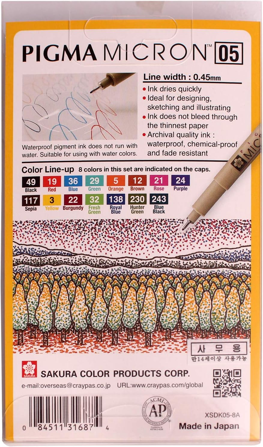 Sakura Pigma Micron Fineliners Pen High Light Soft Head Pen Manga Drawing- Assorted Color 8 Pens (Include Index Tape) 05-Assort Colors image number 1