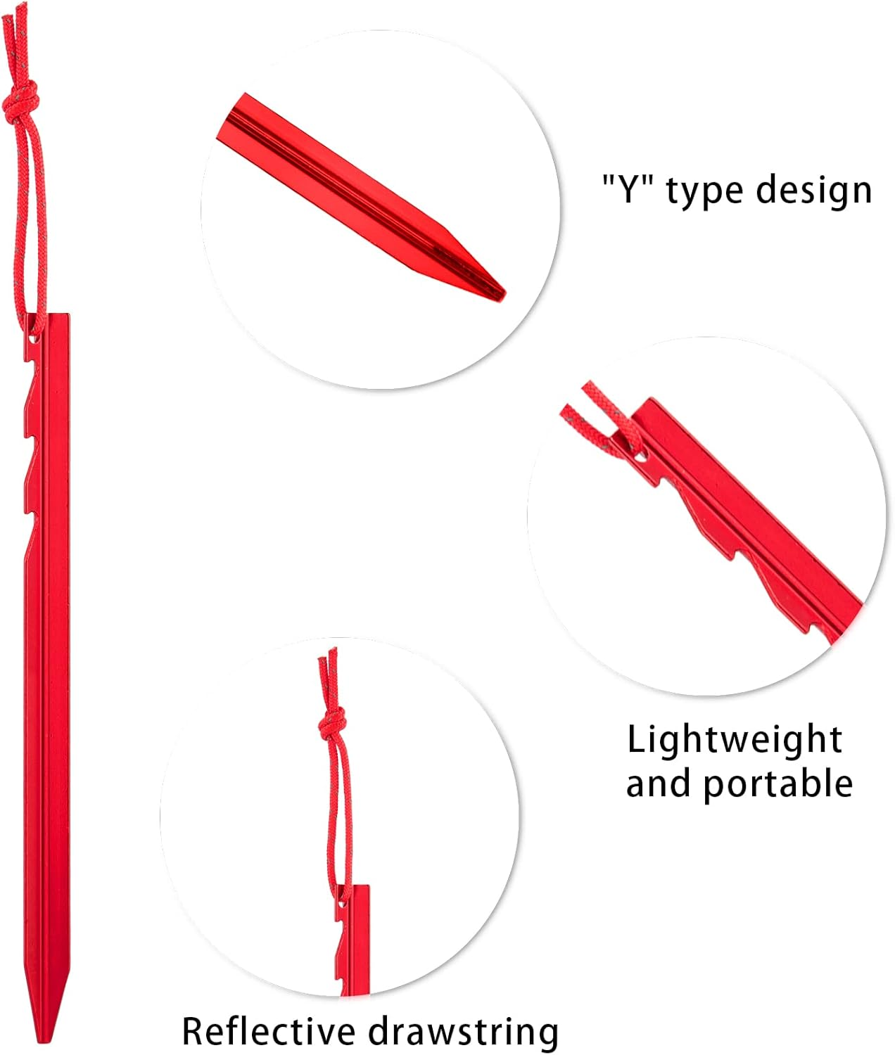 12 Pieces Tent Pegs, Triangular Sawtooth Heavy Duty Tent Pegs Aluminium Alloy Red Camping Tent Stake Nail with Reflective Rope for Camping, Outdoor, Beach, and Hiking image number 5
