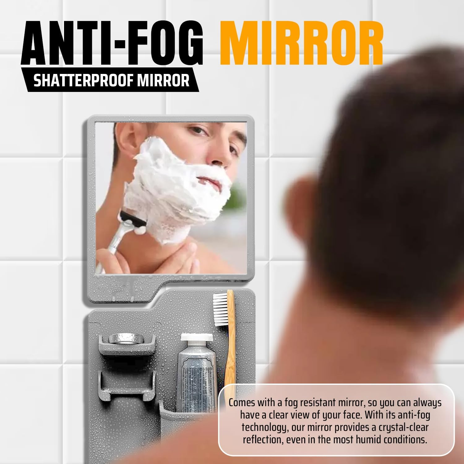 Fog Beating Shower Mirror with Built-In Razor Hook | Powerful Suction, Guaranteed Fog-Free | Unbreakable | Ideal for Travellers, plus a No Slip Silicone Toiletry Holder - Ingenious Bathroom Companion image number 3