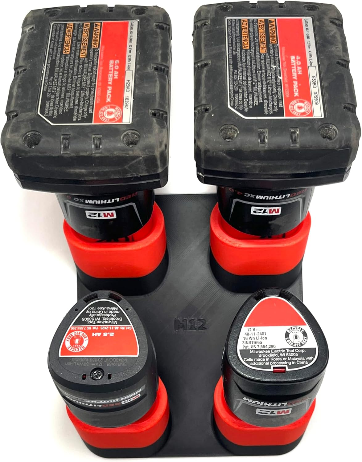 Generic Battery Mount for Milwaukee M12 - Holds 4 Batteries - Wall Mount - Made in USA (Red & Black) image number 2