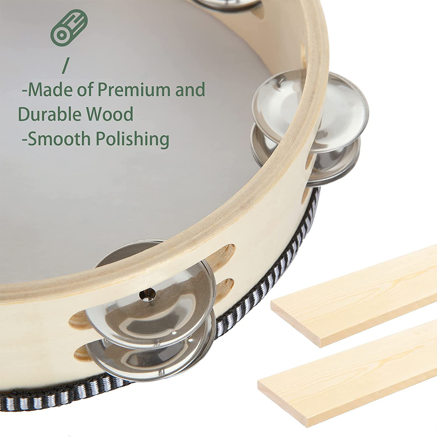 3 Pack 8 Inch Wood Tambourine with Metal Jingles - Hand Held Musical Instrument for Adults, KTV, Party, Church - Educational Rhythm Percussion (Single Row) - Hand Drum image number 4