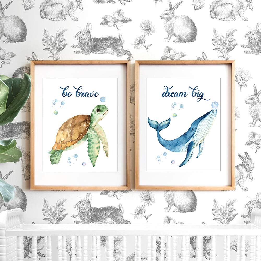 SUUURA-OO Lovely Inspirational Words Texture of Dreams Watercolor Sea Marine Life Art Print Set of 4 (8&rdquo;X10&rdquo;), Sea Turtle Seahorse Fish Whale Jellyfish Wall Poster, Blue Ocean Theme Nursery Kids Room Wall Decor image number 2