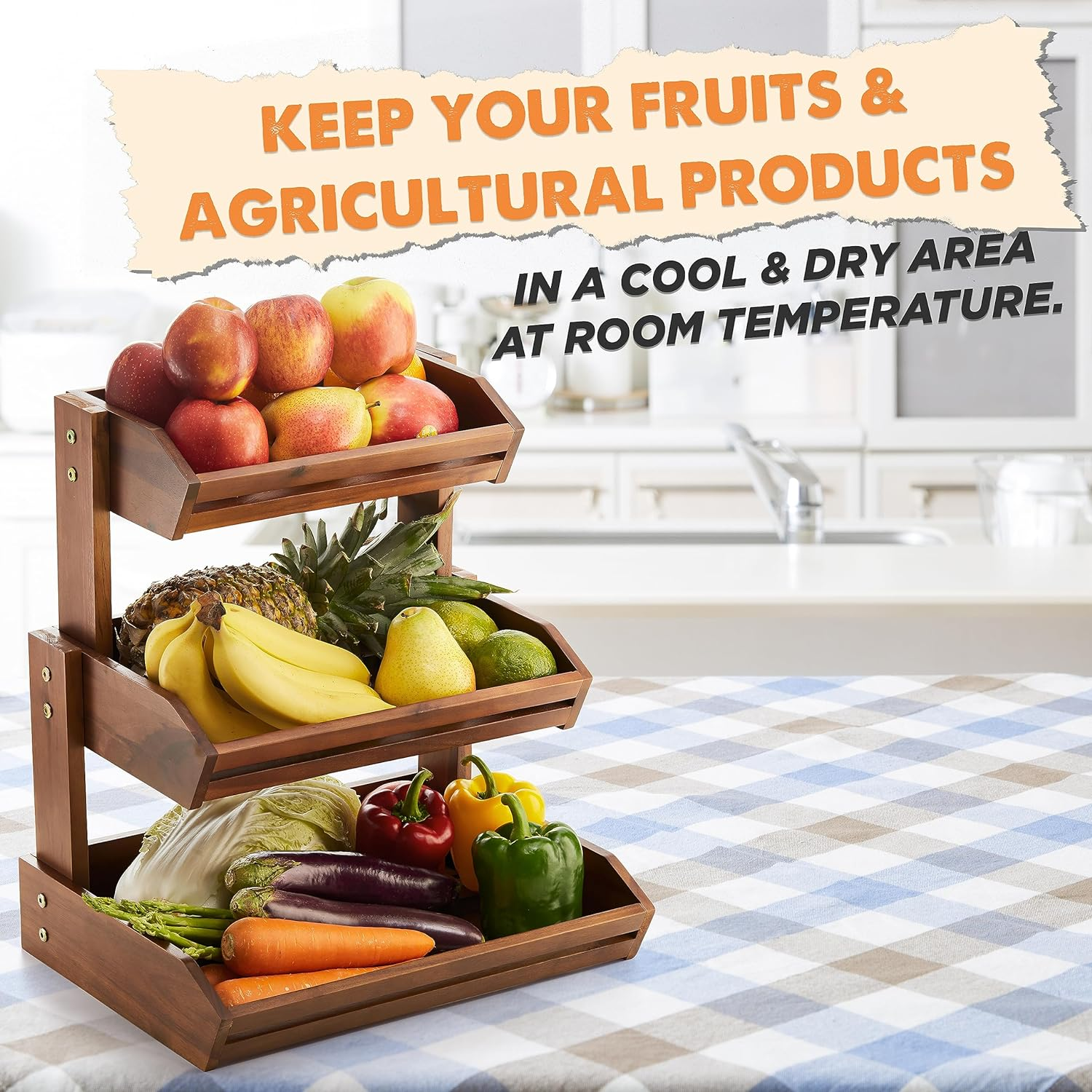 HOLANA Acacia Wood Fruit Basket - 3-Tier Fruit Bowl for Kitchen Counter , Extra Large 16X12.5X18 in , Fruteros Para Cocina , Fruit and Vegetable Storage (3 Tier) image number 6