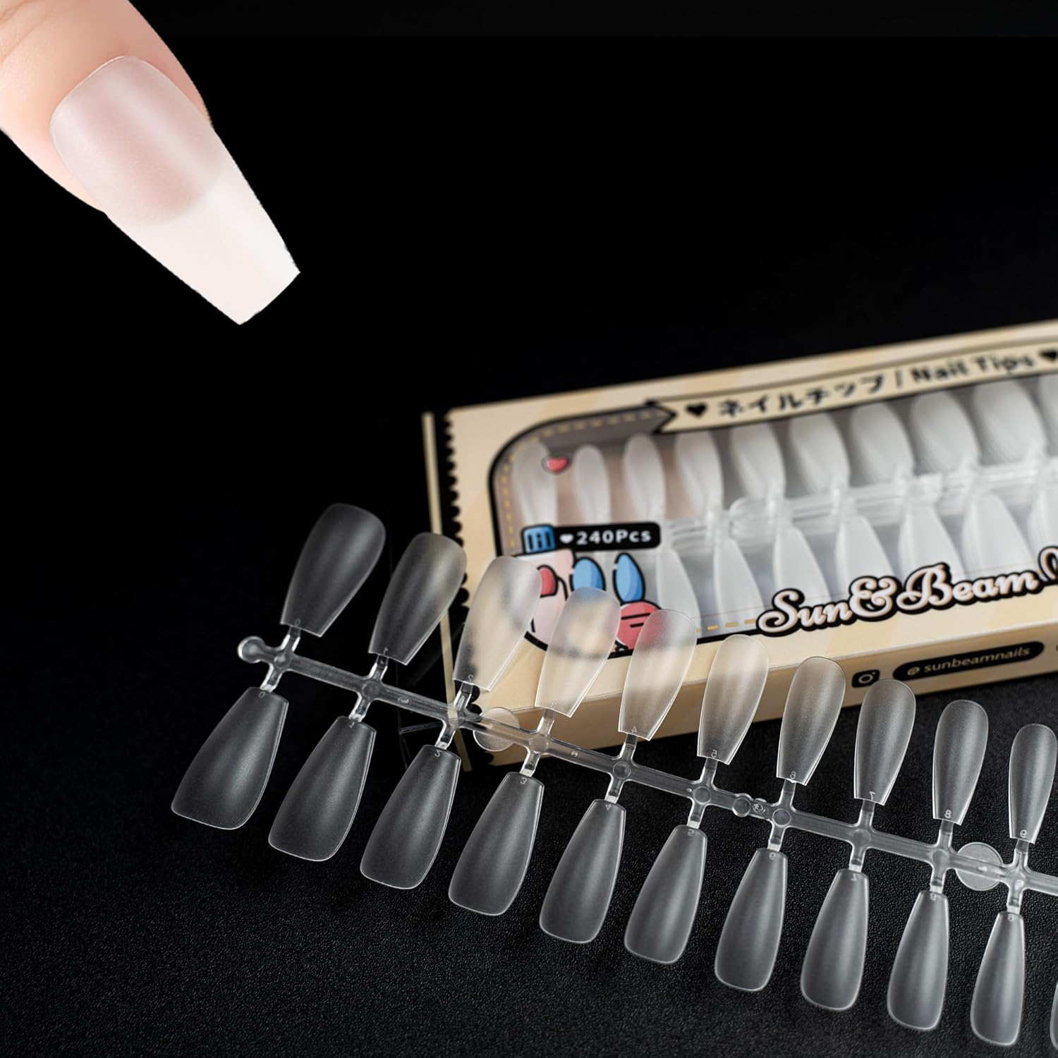 Sun&Beam Nails Fake Nails for Nails DIY Transparent Pop Translucent Clear Frosted Press on Nails Large Capacity Including Storage Box 12 Sizes 504 Pcs (#5-Short Ballerina Frosted)