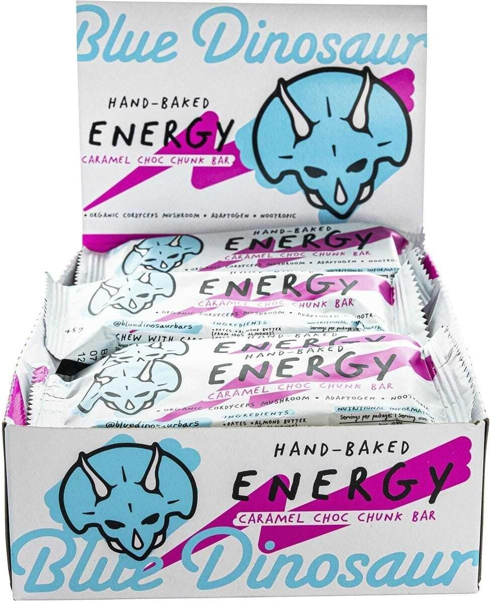 Blue Dinosaur Caramel Choc Chunk Energy Bars 12 X 45G Box - Hand-Baked - Nootropic - Adaptogen - Organic Cordyceps Mushroom - Plant Based - Grain Free - Gluten Free - Nothing Artificial image number 3