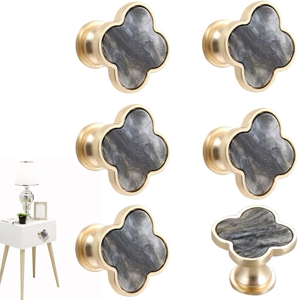 CPELLESSE 6 Pcs Clover Knobs Four-Leaf Handle Creative Cabinet Drawer Pulls Gold for Dresser Wardrobe Zinc Alloy Single Hole Door Handle(White)