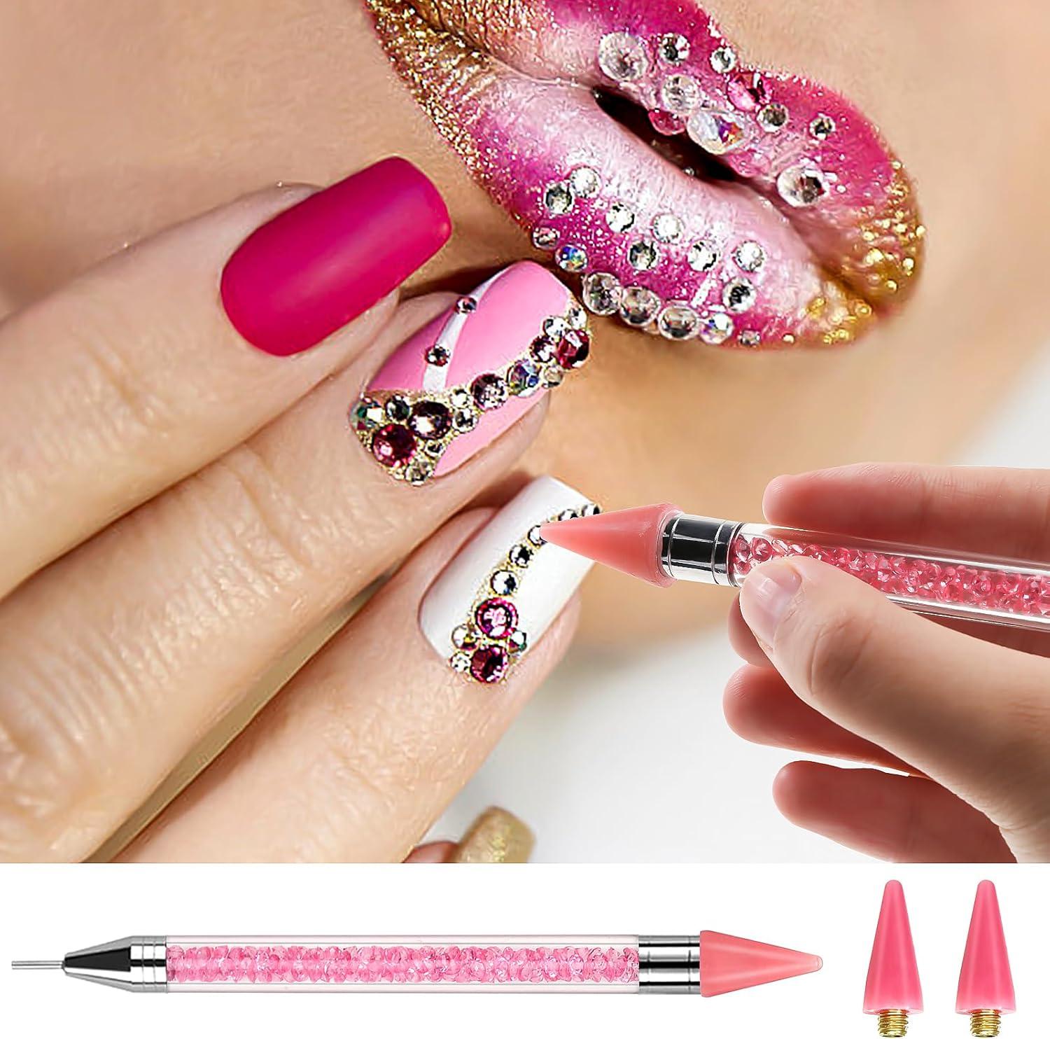 Erinde Dual-Ended Rhinestone Picker Tool, Acrylic Handle Wax Pencil, Diamond Painting Dotting Pen for DIY Nail Art with 2 Extra Tips, Pink