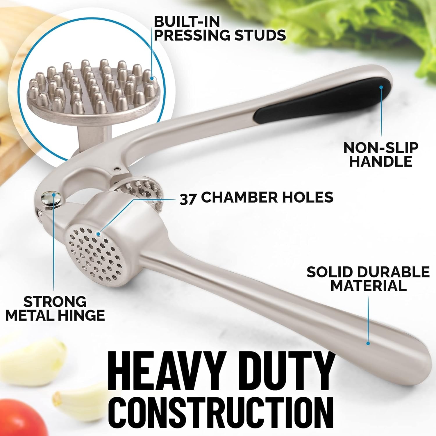 Zulay Kitchen Premium Garlic Press Set - Rust Proof & Dishwasher Safe Professional Garlic Mincer Tool - Easy-Squeeze, Easy-Clean with Soft, Ergonomic Handle - Silicone Garlic Peeler & Brush (Silver) image number 4