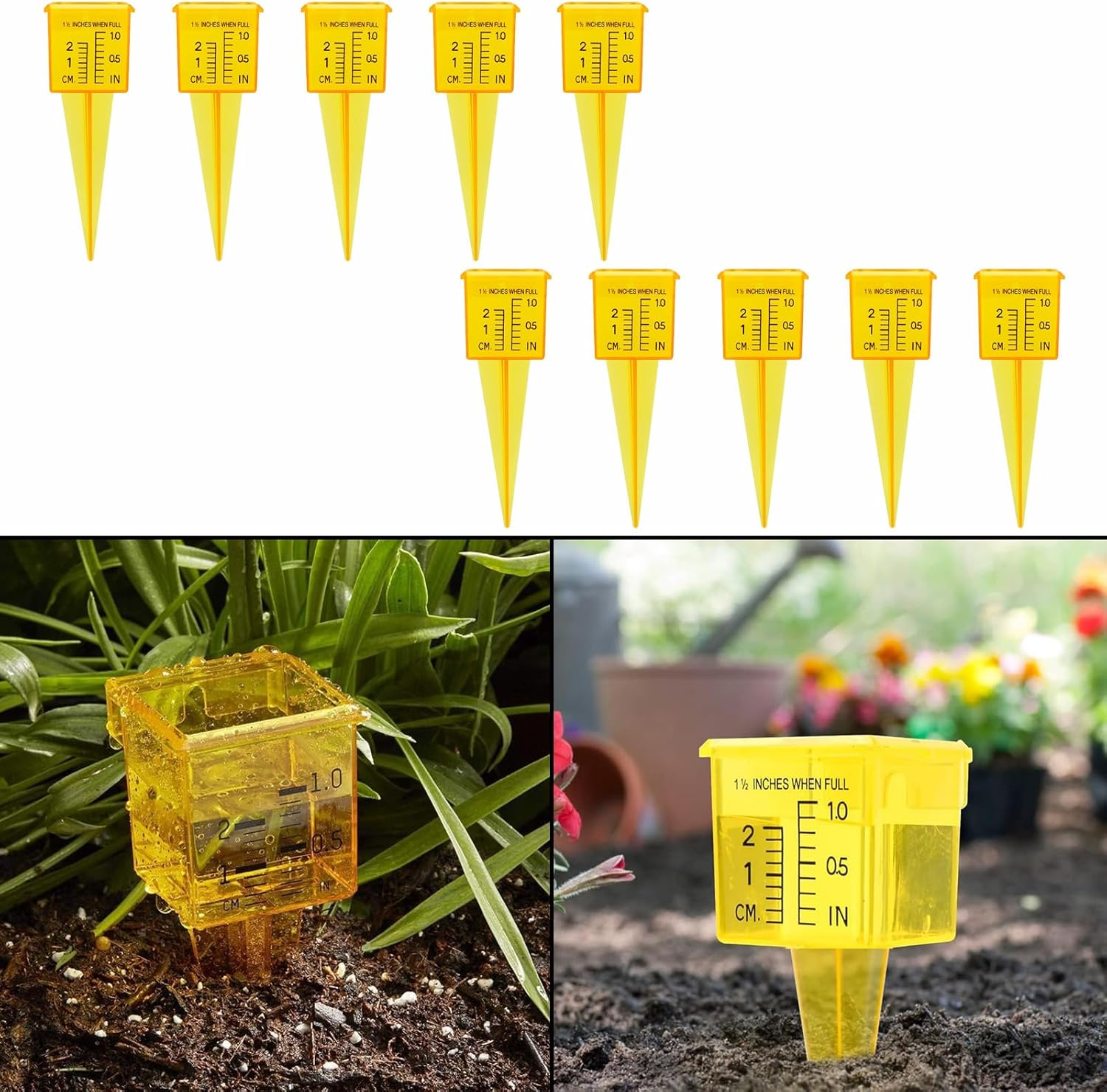 10 Piece 1.5 Inch Plastic Sprinkler Gauge, Rain Gauges Reusable Water Measuring Tool for Outdoor Garden Lawn Backyard, Yellow image number 2