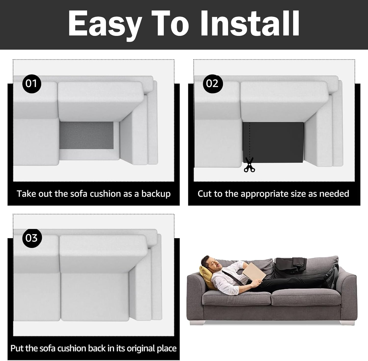 Couch Sofa Cushion Support for Sagging Seat, 3 Pack Couch Cushion Support Set Versatile Chair ​Sagging Pad Comfortable Seat under Firm Flexible Repair Pad (Black) - White image number 4