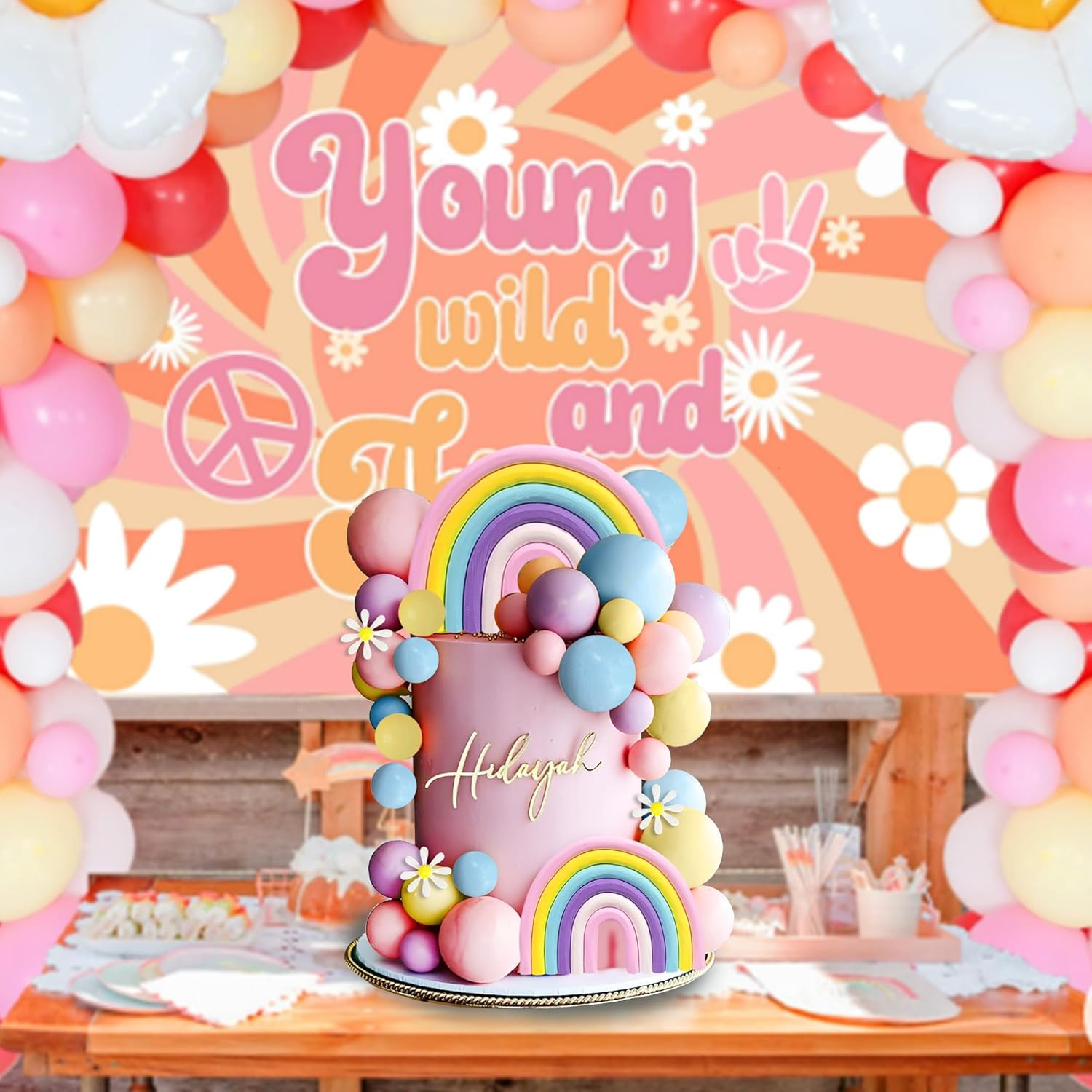 DRWATE 35 PCS Groovy Cake Toppers Boho Cake Topper Hippie Party Decorations with Flower Rainbow Balls for Girl Birthday Party Boho Groovy Party Supplies (Style 2) image number 2