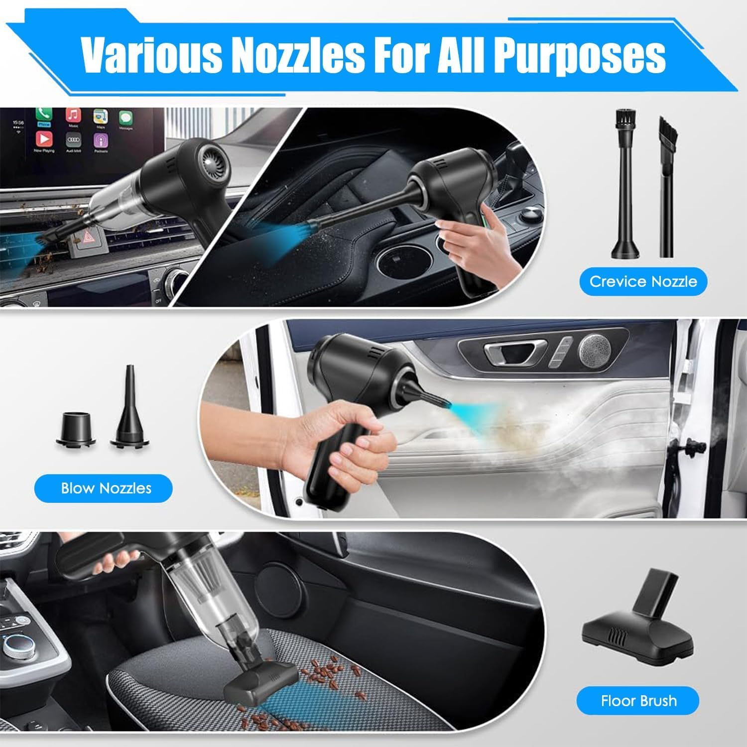 Handheld Car Vacuum Cleaner, 18000PA Suction, Cordless Rechargeable, Type-C Charging, 3-In-1 Design image number 2