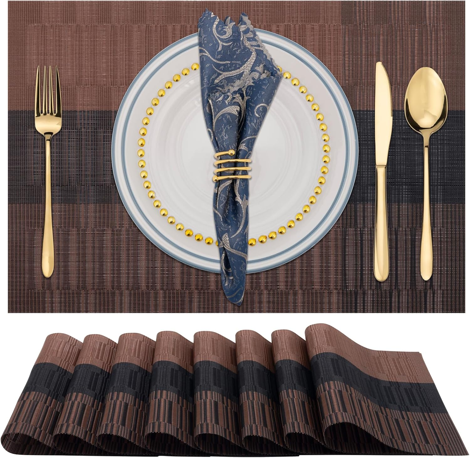 Placemats Set of 6, Heat & Stain Resistant Non-Slip Elegant Woven Vinyl Table Mats, Washable Table Mats for Dining Room Kitchen (Beige White)