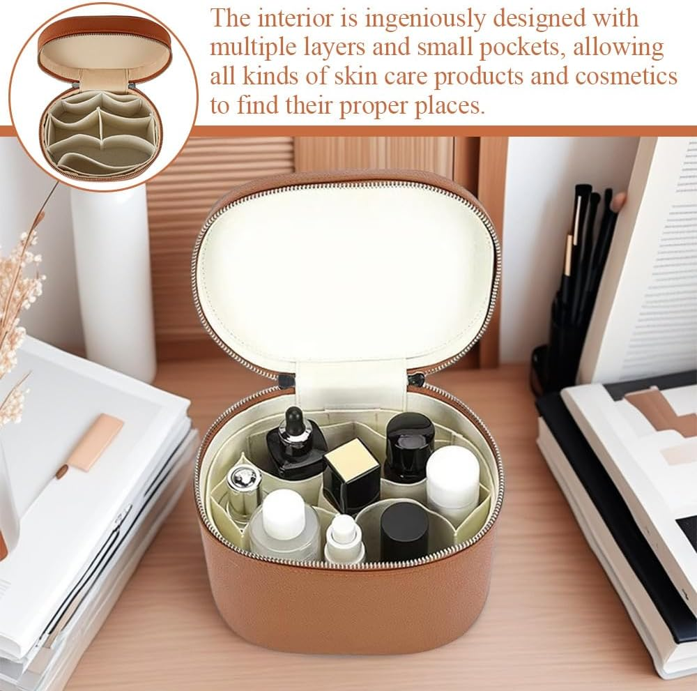 Makeup Bag with Handles, Premium round Leather Travel Cosmetic Organizer, Multi-Compartment Makeup Pouch for Women Girls (Khaki) image number 2