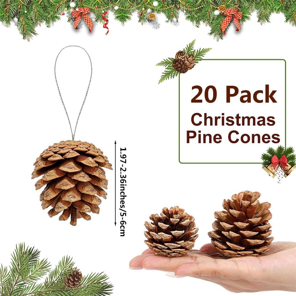 20 Pieces Christmas Pine Cones with String Mini Rustic Pinecones Bulk Rustic Snow Pinecones Ornaments for Xmas Tree Crafts Holiday Home Party (Brown, 5-6Cm) image number 6
