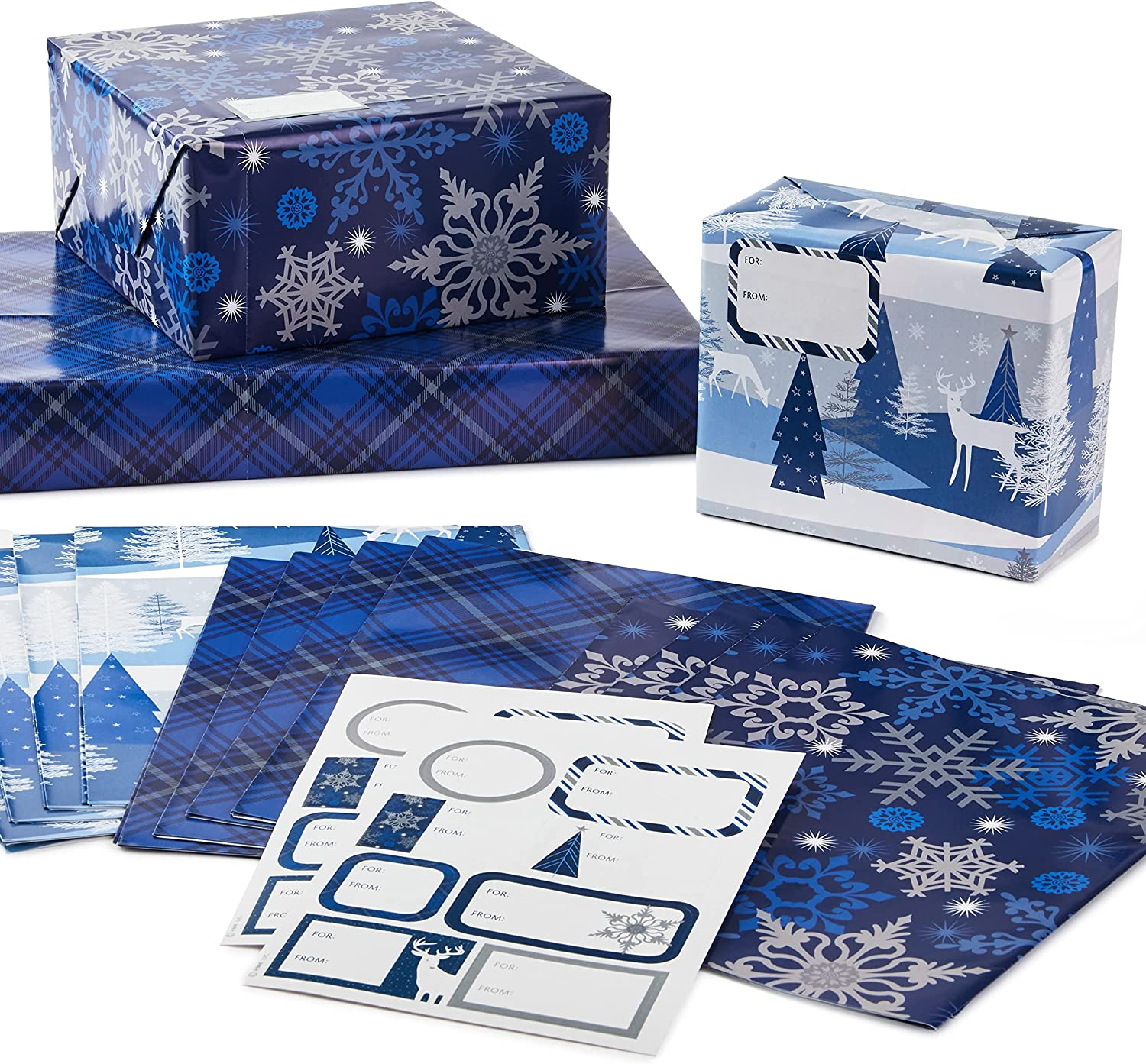 Hallmark Christmas Flat Wrapping Paper Sheets with Gift Tag Seals - Snowflakes, Deer, Tartan Plaid Gift Wrap Paper (12 Sheets, 16 Gift Tag Stickers) for Holiday Parties, Hanukkah, Winter Weddings image number 3