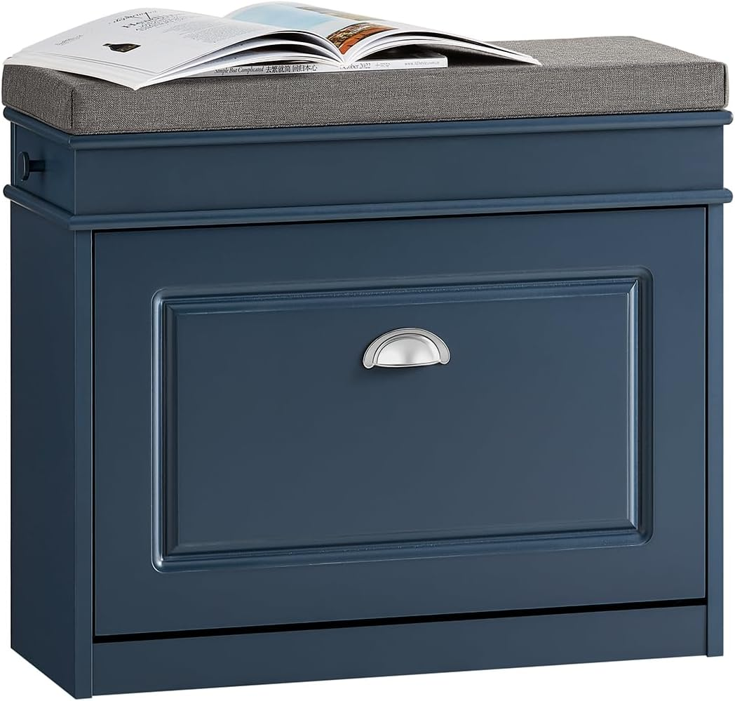 Sobuy Blue Shoe Bench with Seat Cushion and Drawer FSR82-K-B