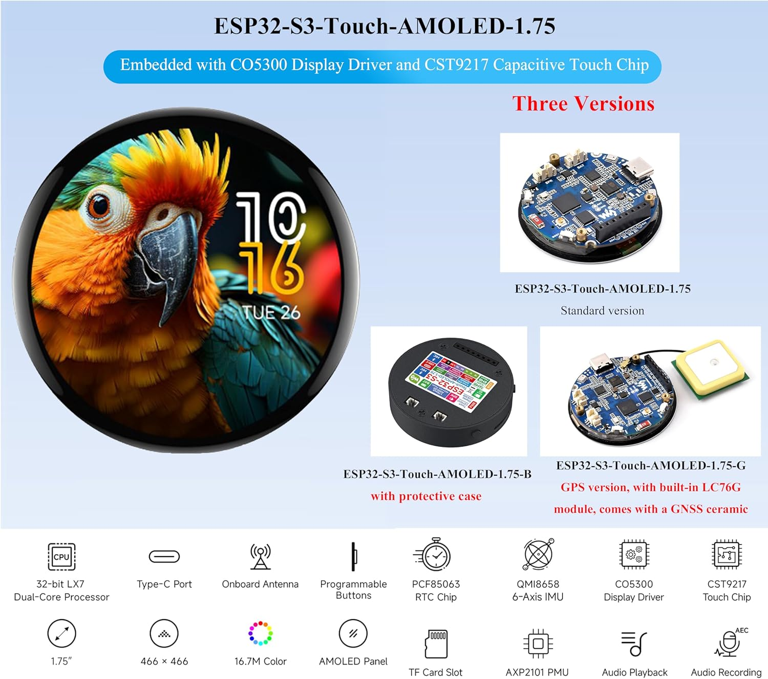 ESP32-S3 with 1.75Inch AMOLED round Touch Display Development Board, 466X466, QSPI, Type-C Interface Onboard Dual Digital Microphone Array, Support AI Speech Interaction,With 8&Omega; 2W Speaker image number 3