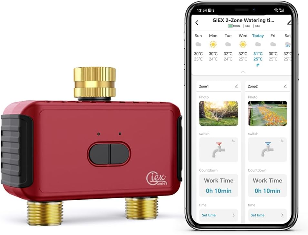 GIEX Wifi 2-Zone Sprinkler Timer GX-03, Smart Garden Irrigation Controller for Hose Faucet, Works with Tuya and Smart Life App, Automatic Watering System
