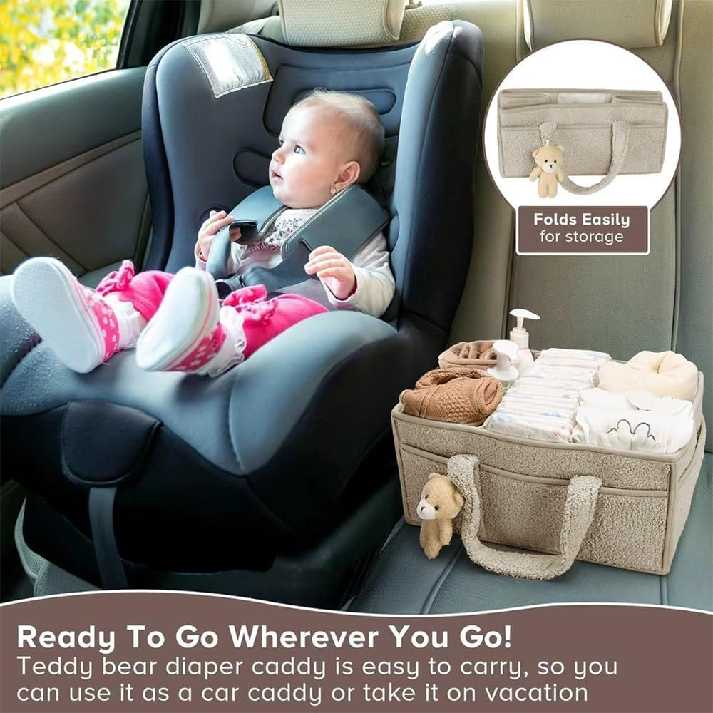 Baby Diaper Caddy Organizer,Nappy Storage Basket for Diapers and Wipes,With Bear, Portable Nursery Car Diaper Organizer