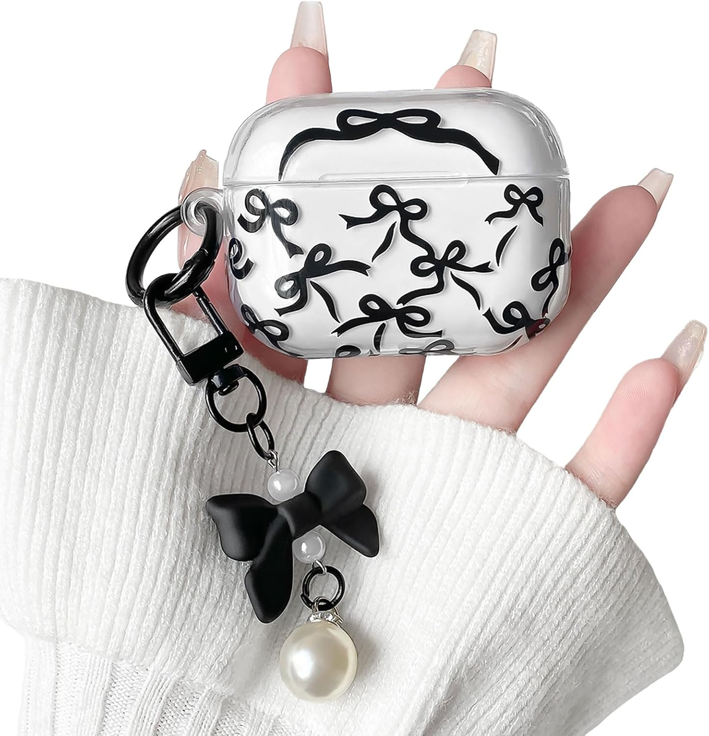 Lovmooful Compatible for Airpods 4Th Case Cute Clear Ribbon Bowknot with Lovely Pearl Chain Design for Women Girls Soft TPU Shockproof Protective Cover Case for Airpods 4 - (Pink)