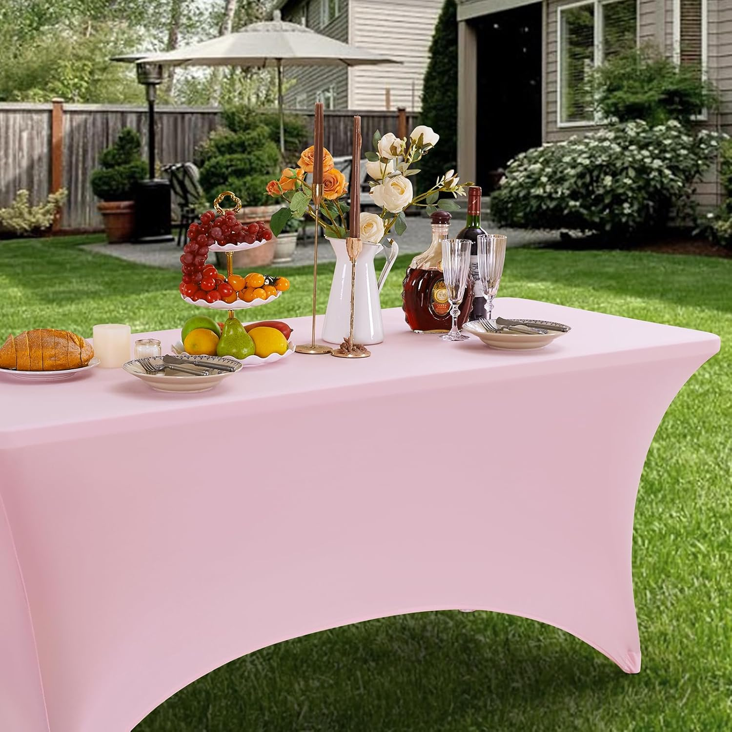 Fantastshop 8Ft Stretch Spandex Table Cloth for Rectangle Table Tight Fitted Tablecloths - Washable and Wrinkle Resistant Table Cover for Events Party Wedding Birthday Patio Banquet Festival, Pink. image number 4