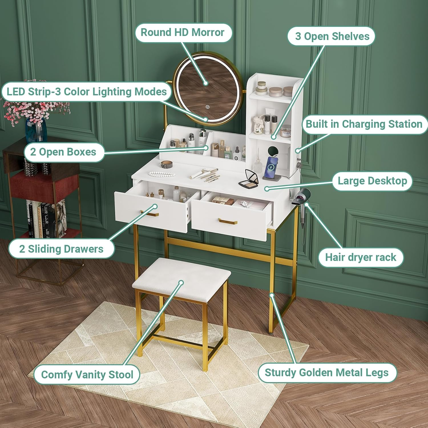 Ufurniture Makeup Vanity Desk Stool Set with LED Light and Charging Station, Dressing Table with 360&deg;Rotating Mirror, Drawers Trays and Shelves Storage for Bedroom, Metal Frame (White Golden)