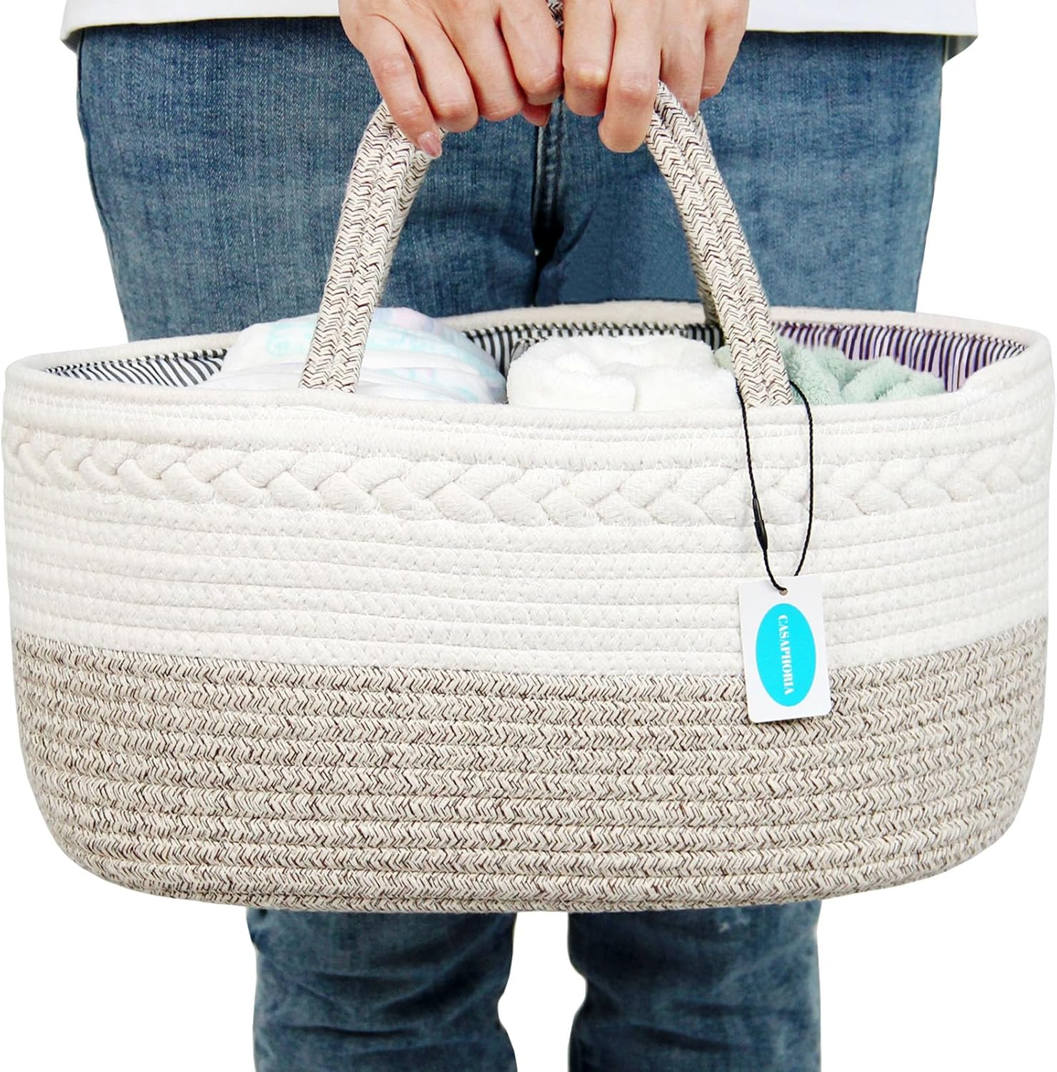 Casaphoria Caddy Organization Woven Cotton Rope Basket Storage Caddy or Gift, Soft Circular Basket with Handle, Cotton Material,Light Brown(15.5"X10"X7.5") image number 5