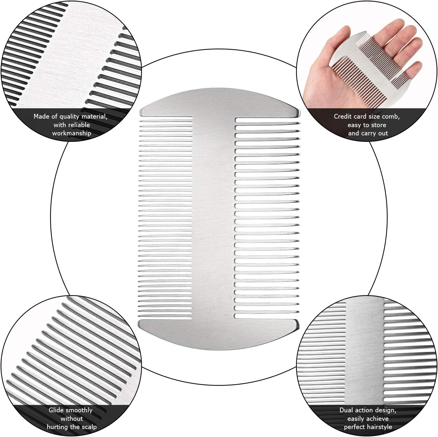 Boao 2-Piece Metal Hair Combs for Women & Men, Beard & Mustache Comb, Lice Comb, Wallet-Sized, Silver, Stainless Steel image number 3