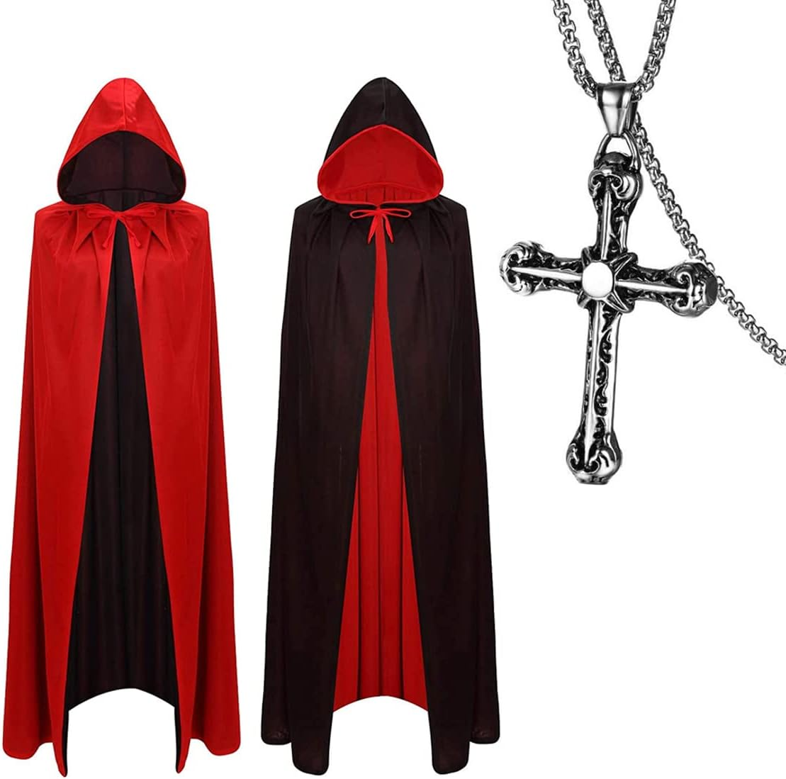 Halloween Vampire Cloak W/T Cross Necklace Black & Red Reversible Hooded Witch Cape Adult Youth Wizard Witch Vampire