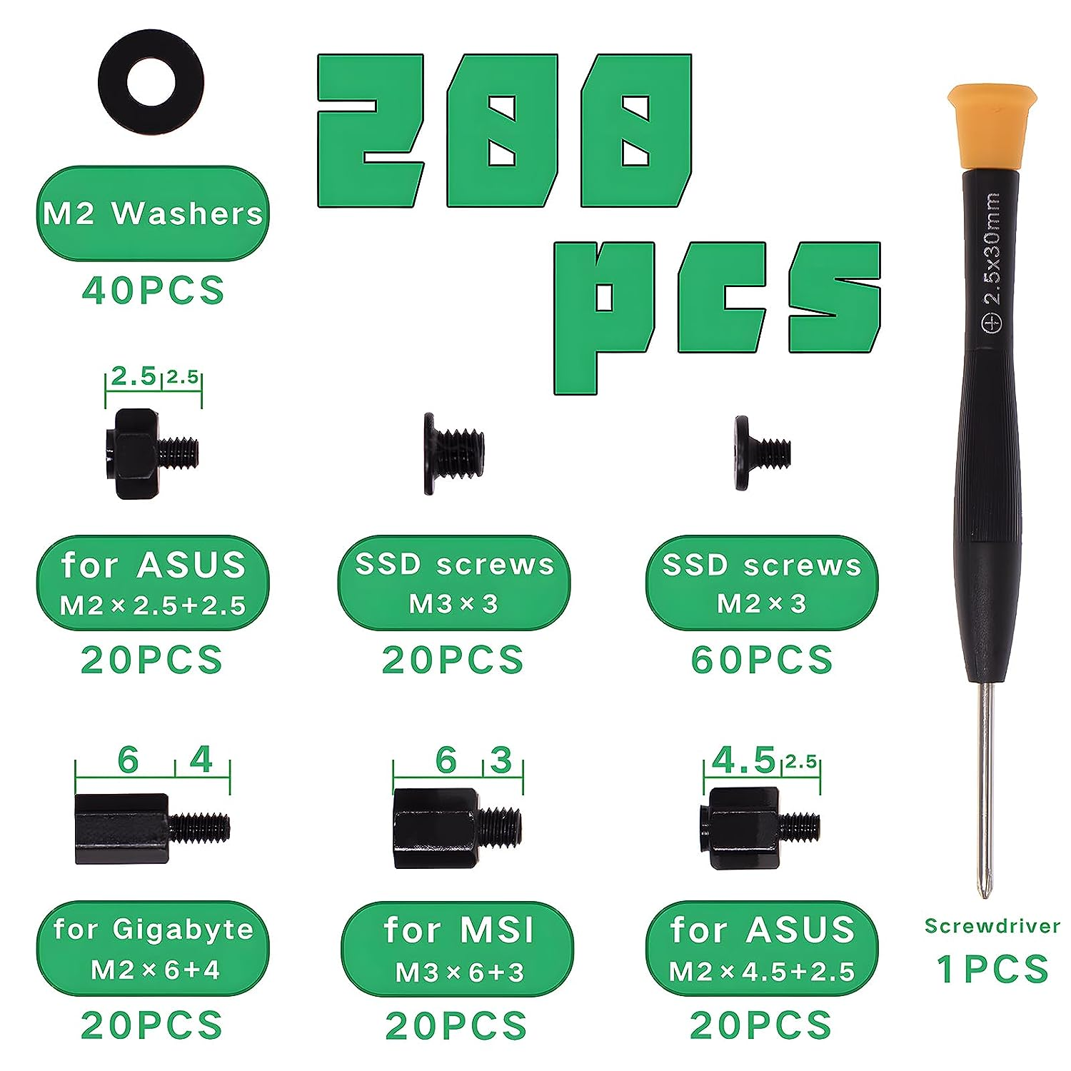200Pcs M.2 Screw Kit,Black M2 SSD Mounting Screws,Nvme Screw for Laptops,M.2 Standoff and Screws for Asus Gigabyte MSI Motherboards with Screwdriver image number 2