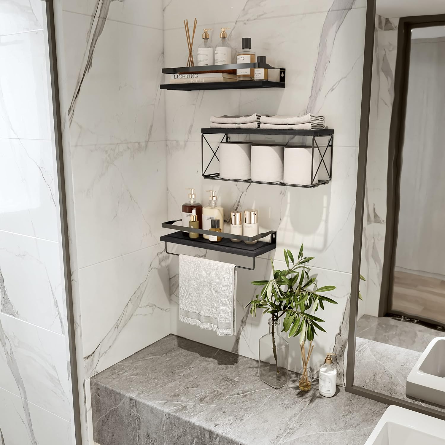 Floating Shelves with Wire Storage Basket, Rustic Bathroom Shelves over Toilet with Towel Bar, Wall Shelves for Bedroom, Living Room, Kitchen and Washroom Toilet Paper (3-Black) image number 3