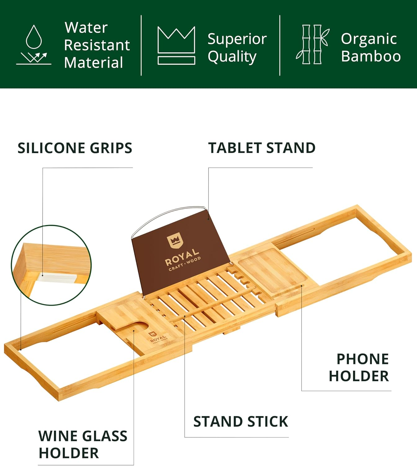 Royal Craft Wood Premium Foldable Bathtub Tray - Wood Bath Tray for Tub, Bamboo Shelf, Expandable Bath Table Trays, Bathtub & Bathroom Accessories for New Home & Mothers Day & Birthday Gifts for Mom - Gray (Classic) image number 5