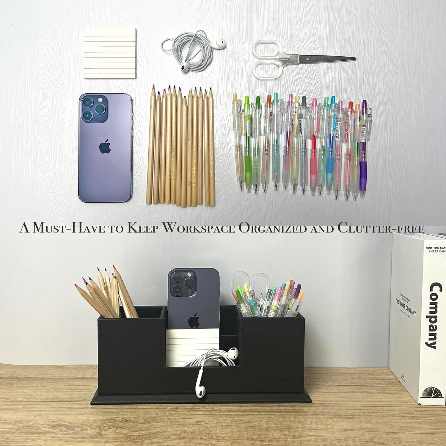 Unionbasic PU Leather 4 Compartment Desk Organizer Card/Pen/Pencil/Mobile Phone Office Supplies Holder Collection Desktop Organizer (Black) - Blue,White image number 2