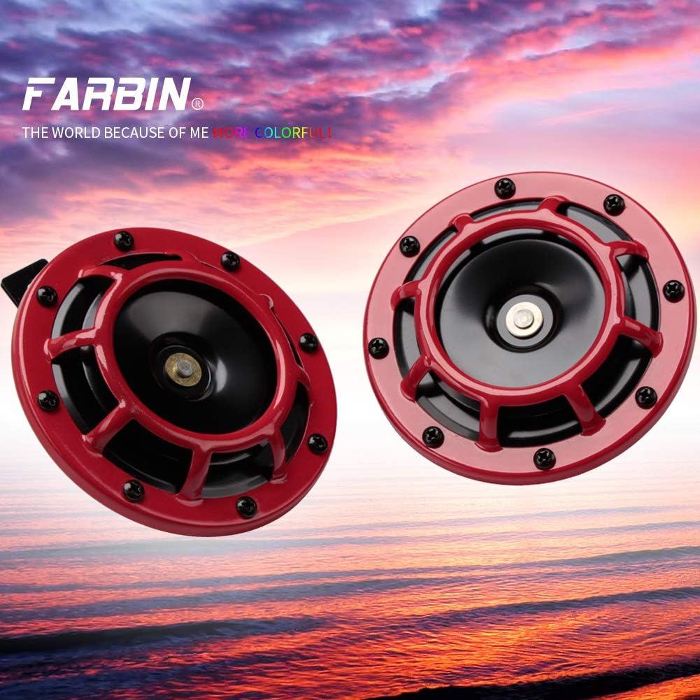 FARBIN Loud Car Horn 12V Super Tone Motorcycle Horns High Tone/Low Tone Twin Horn Kit with Protective Grill(Red, 12V) - Red Horn With Wiring Harness And Button image number 4