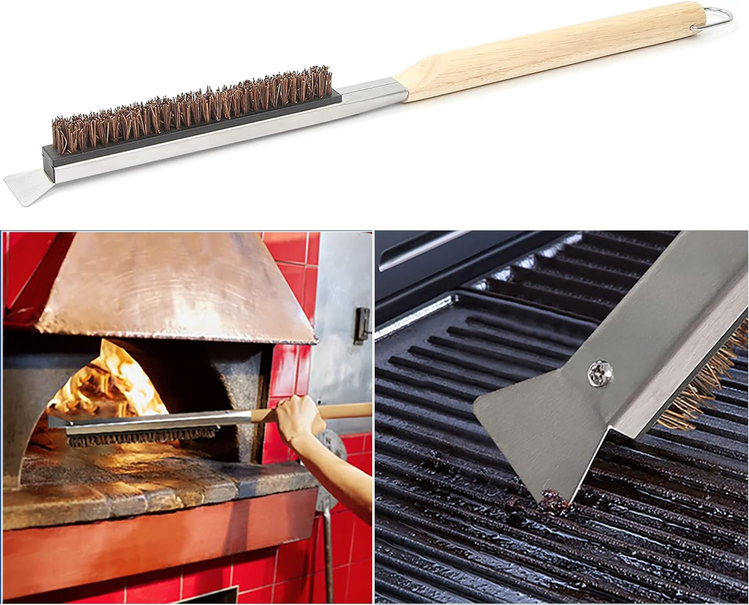 Pizza Oven Brush Grill Fiber Bristles Wood Handle Barbecue Clean Kitchen Accessories Kit Portable Cleaning Natural Material Stone