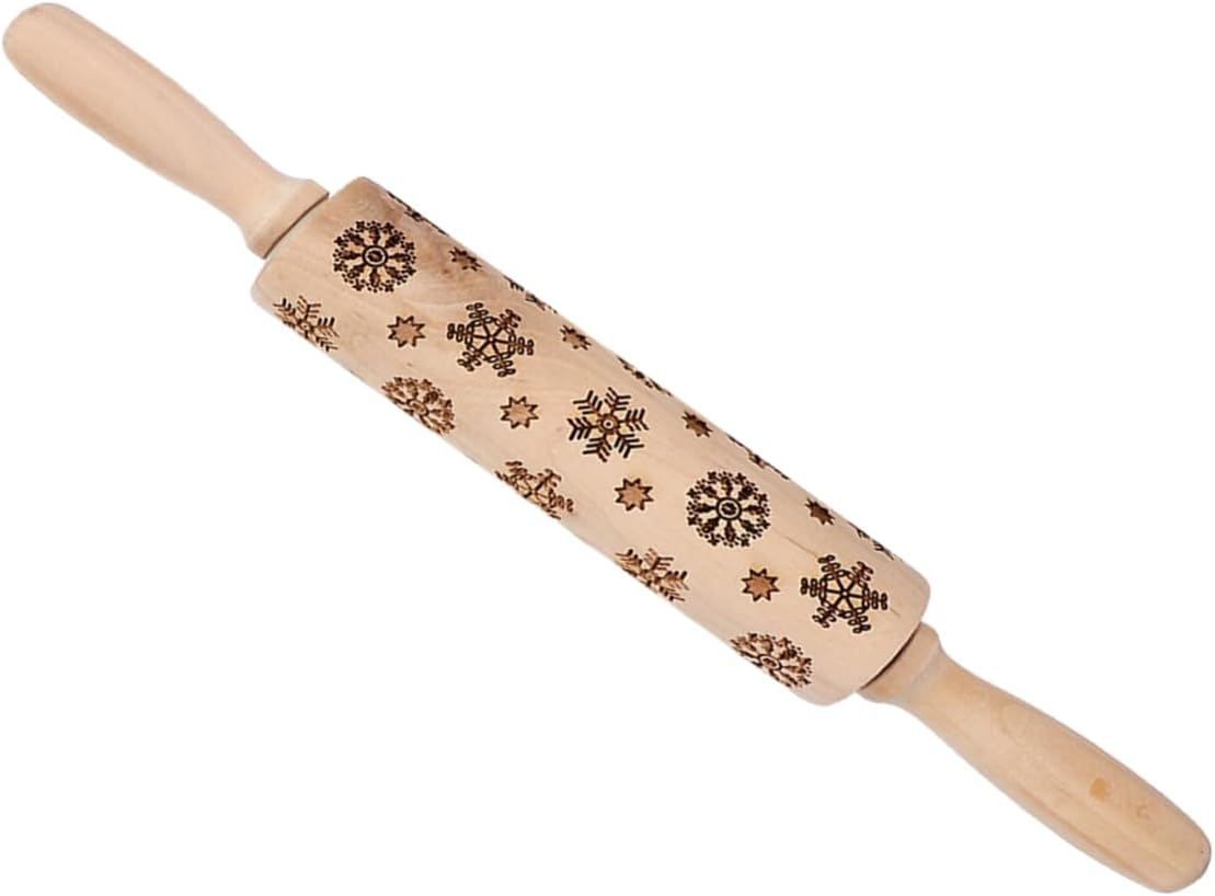 Wooden Snowflake Embossed Rolling Pin Christmas Pastry Roller Non-Slip Handle Baking Rolling Pins for Christmas Baking image number 3
