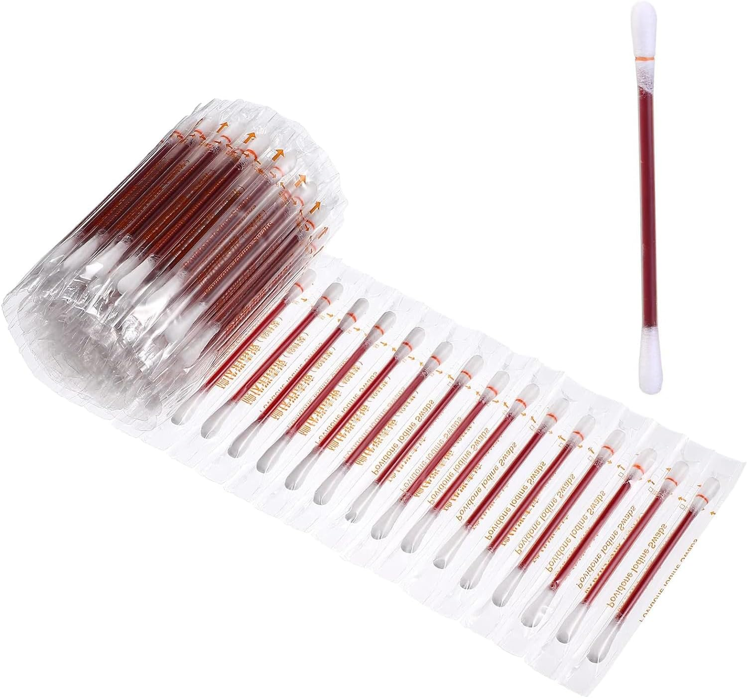 Yitaocity 100Pcs Disposable Cotton Swab Iodophor Skin Disinfection Swab Individually Wrapped Pads Double Head Cotton Swab Iodine for Hospital Home