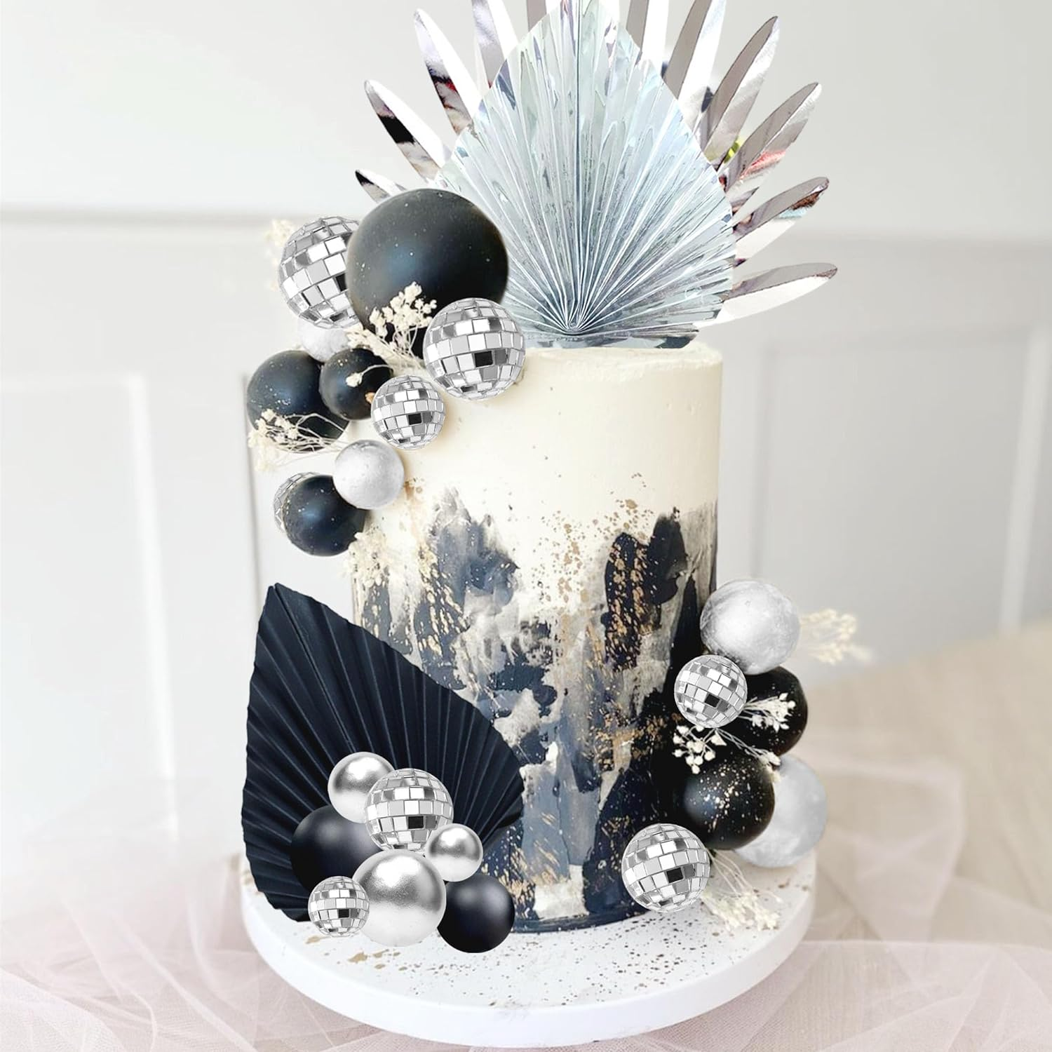 Jevenis Black Sliver Disco Balls Cake Decoration Silver Palm Leaves Cake Decoration Stars Cake Decoration 70S Party Supplies 70S Birthday Cake Decoration Disco Bachelorette Party Supplies image number 5