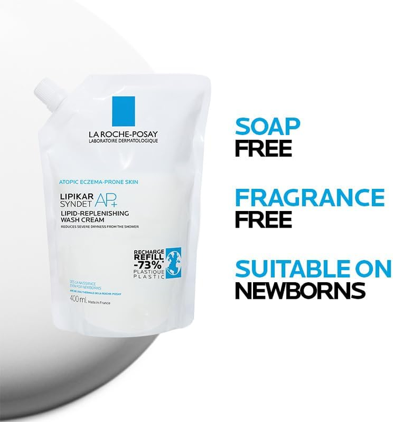 La Roche-Posay Body Wash Cream Lipid Replenishing 400Ml, Eco Refill Pouch, Lipikar Syndet AP+, for Shower or Bath, Suits Adults, Children, Babies, Newborns image number 1