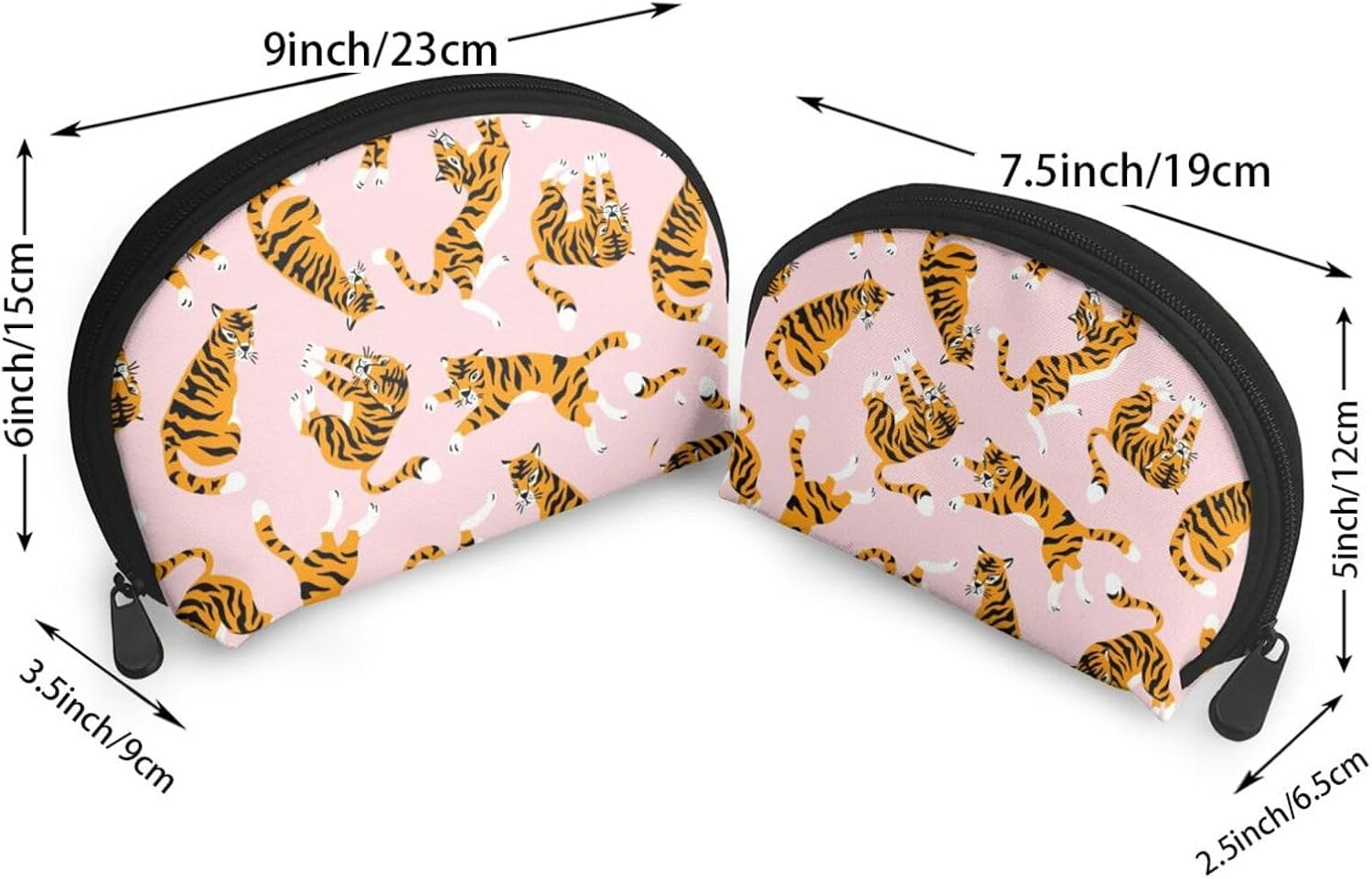 Cozimangoe Coin Pouch Makeup Bags Set, 2 Piece Shell Shape Cosmetic Bag with Pockets for Daily Travel Handbag Lipstick Keys Toiletry, Personalized Circus Animal Cute Tigers on the Pink Background image number 1
