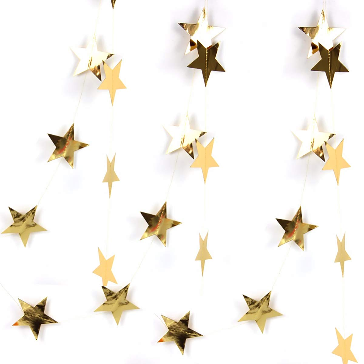 Gold Star Garland Banner Decorations - 156 Feet Bright Paper Hanging Decorations, Glitter Star Bunting for Wedding, Birthday, Holiday, Christmas Party